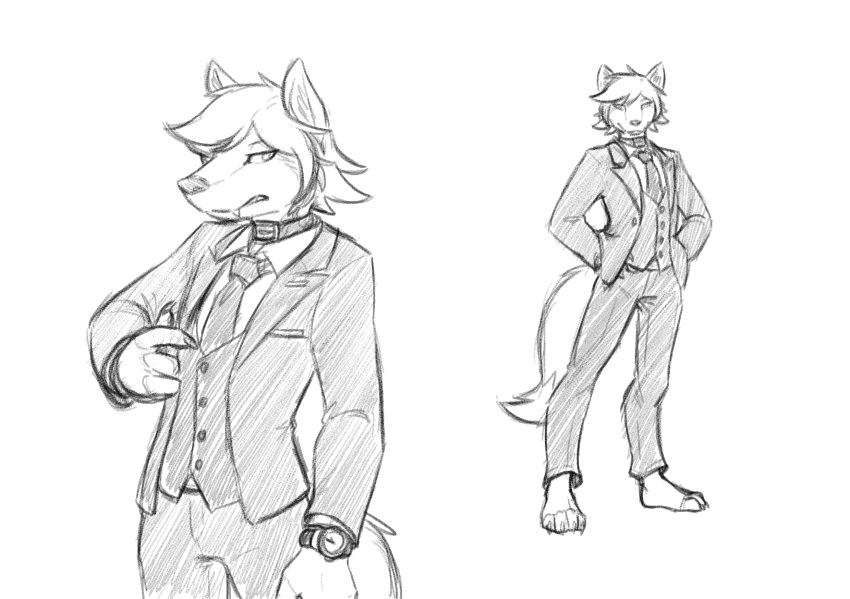 anthro barefoot canid canine canis clock clothed clothing collar fangs feet full-length_portrait hair hi_res lewin_(sealer4258) male mammal monochrome necktie portrait sealer4258 simple_background solo standing suit teeth three-quarter_portrait watch were werecanid werecanine werewolf wolf
