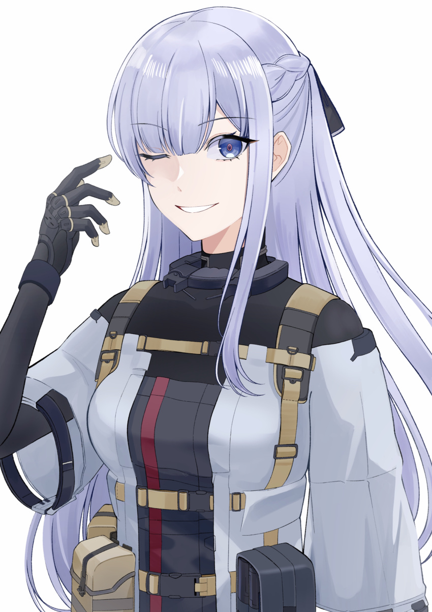 1girl absurdres ak-12_(girls'_frontline) alternate_costume ammunition_belt arm_up bangs black_bodysuit black_gloves blue_eyes bodysuit braid breasts cosplay defy_(girls'_frontline) french_braid girls'_frontline gloves grey_hair highres light_purple_hair long_hair looking_at_viewer medium_breasts one_eye_closed open_mouth ponytail rpk-16_(girls'_frontline) rpk-16_(girls'_frontline)_(cosplay) smile solo sorayan_03 tactical_clothes upper_body white_background wide_sleeves