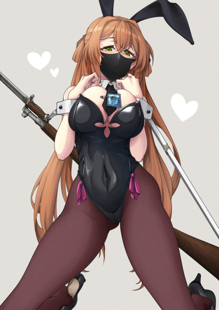 1girl alternate_costume animal_ears ass_visible_through_thighs bangs bare_shoulders battle_rifle bayonet black_footwear black_leotard black_mask black_necktie black_pantyhose blush bolt_action breast_suppress breasts cleavage collar condom covered_navel detached_collar fake_animal_ears girls'_frontline green_eyes grey_background gun gun_on_back heart high_heels highres kneeling large_breasts legs leotard long_hair looking_at_viewer m1903_springfield mask mouth_mask nakiusagi necktie orange_hair pantyhose playboy_bunny rabbit_ears rifle sabotaged_condom safety_pin simple_background sling solo springfield_(girls'_frontline) strapless strapless_leotard sweatdrop thighs very_long_hair weapon weapon_on_back white_collar white_wrist_cuffs wrist_cuffs