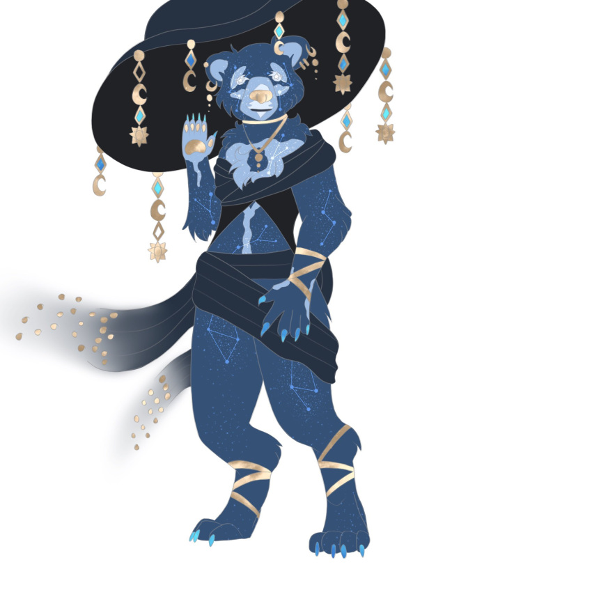 anthro bear blue_body blue_fur chest_tuft claws clothed clothing constellation constellation_markings digitigrade ear_piercing female frosted_nudibranch fur gesture hi_res jewelry looking_at_viewer mammal necklace pawpads piercing simple_background solo star starry_eyes tuft waving white_background