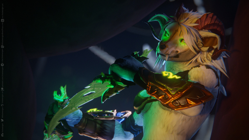 16:9 2023 3d_(artwork) 3dsmax 4k absurd_res action_pose anthro armor blizzard_entertainment bra bracers canid clothing digital_media_(artwork) female fur glowing glowing_eyes green_eyes hair hi_res holding_object holding_weapon horn knife mammal mask pose skull_mask solo text thatworgen underwear url warcraft watermark weapon were werecanid white_body white_fur white_hair widescreen worgen
