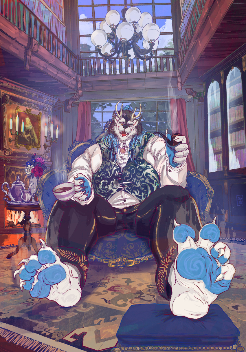 2021 4_toes absurd_res anthro barefoot black_bottomwear black_clothing black_pants blue_pawpads bottomwear canid canine chandelier characer:abel_whitefang clothing container cup deer detailed_background digital_media_(artwork) digital_painting_(artwork) feet fireplace foot_focus hi_res holding_container holding_cup holding_object holding_smoking_pipe holding_tea_cup humanoid_feet hybrid library male mammal multicolored_vest pants pawpads pinkgirlpen plantigrade shirt slightly_chubby slightly_chubby_anthro slightly_chubby_male smelly smelly_feet solo spread_legs spreading tea_cup tea_set toes topwear visible_stench white_clothing white_feet white_shirt white_topwear