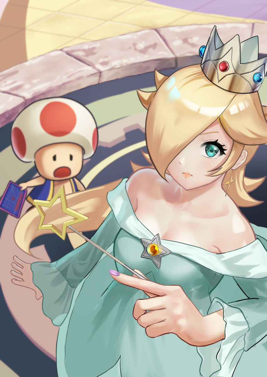 1boy 1girl absurdres bare_shoulders blonde_hair blue_dress blue_eyes blue_vest brooch crown dress earrings eyelashes hair_over_one_eye highres holding holding_wand jewelry kurere1202 long_hair long_sleeves looking_at_viewer mario_(series) off-shoulder_dress off_shoulder purple_nails rosalina star_(symbol) star_earrings super_mario_galaxy toad_(mario) vest wand