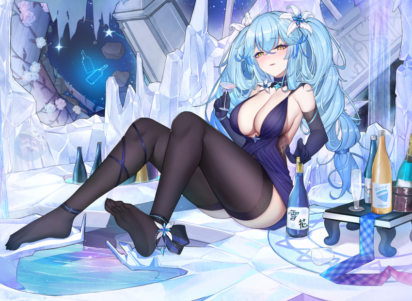 1girl absurdres bangs black_thighhighs blue_dress blue_gloves blue_hair blush bottle breasts center_opening cleavage crossed_bangs dress elbow_gloves full_body gloves hair_between_eyes half-closed_eyes highres hololive long_hair no_shoes parted_lips sherryqq sitting soles solo thighhighs tray twintails very_long_hair virtual_youtuber yellow_eyes yukihana_lamy