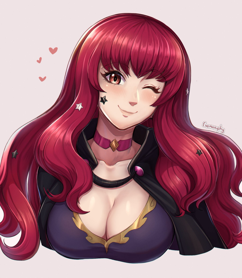 1girl ;) artist_name bangs black_bodysuit black_cape blush bodysuit breasts cape choker cleavage closed_mouth commentary cropped_torso english_commentary evomanaphy fire_emblem fire_emblem_engage gold_trim heart highres large_breasts long_hair looking_at_viewer one_eye_closed pink_choker red_eyes red_hair simple_background smile solo star_(symbol) yunaka_(fire_emblem)