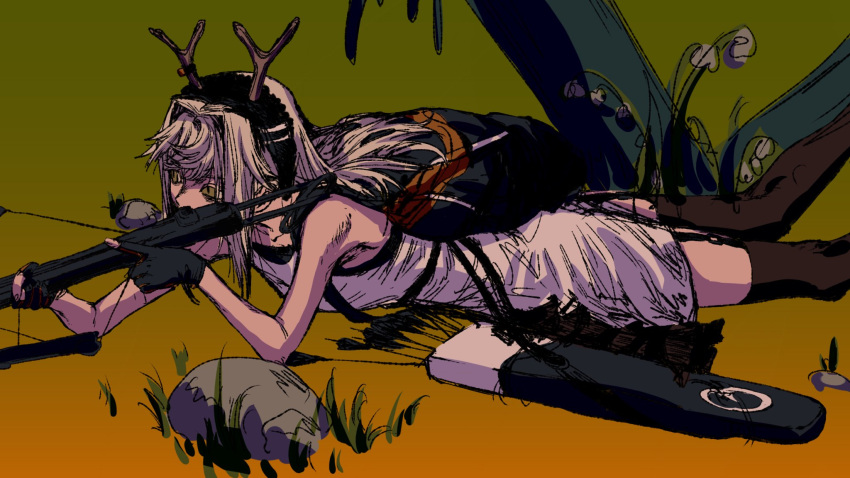 1girl aiming antlers arknights armpits backpack bag bangs bellflower black_thighhighs crossbow dress firewatch_(arknights) firewatch_(wilted_cypress)_(arknights) flower garter_straps gloves grass hair_intakes hairband highres holding holding_crossbow holding_weapon legs_up log lying moss on_ground on_stomach partially_fingerless_gloves quiver reindeer_antlers reindeer_girl rock sidelocks skinny sleeveless sleeveless_dress slit_pupils solo spaghetti_strap thighhighs tunamayo_aku weapon white_dress white_hair yellow_eyes