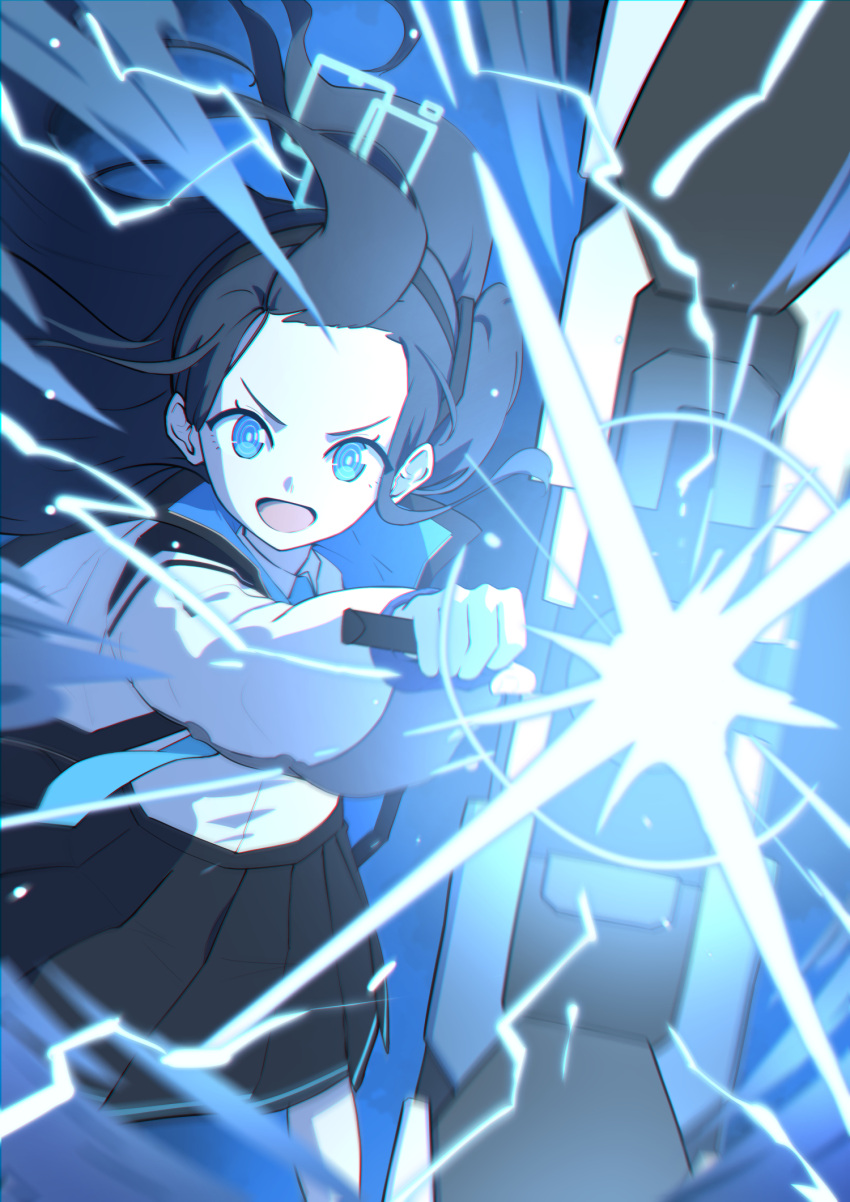 1girl aris_(blue_archive) black_hair black_hairband black_skirt blue_archive blue_eyes blue_necktie collared_shirt electricity glowing hairband highres holding holding_weapon jacket long_hair long_sleeves looking_at_viewer necktie one_side_up open_clothes open_jacket open_mouth pleated_skirt railgun shirt skirt solo ubo_(dbsgurdbsk) very_long_hair weapon white_shirt wind