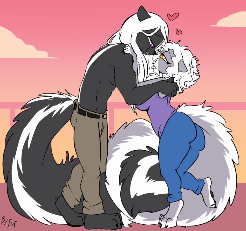 &lt;3 anthro black_body black_fur black_pawpads breasts clothed clothing duo entwined_tails eye_contact female fluffy fluffy_tail fuf fur grey_body grey_fur hair hi_res looking_at_another male mammal mephitid orange_eyes pawpads purple_eyes skunk tail tail_coil topless white_hair