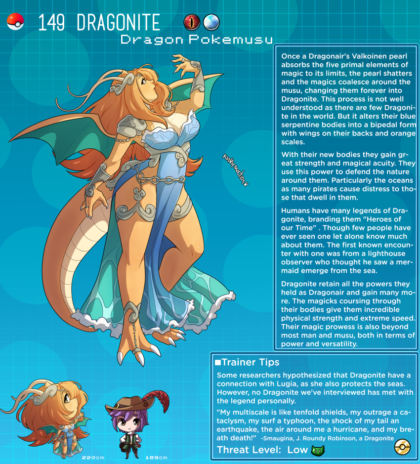 1boy 1girl animal_feet artist_name blue_background blue_dress breasts character_name character_profile claws cleavage colored_skin curvy dragon_girl dragonite dress english_commentary english_text hat_feather highres kinkymation large_breasts long_hair orange_hair orange_skin personification poke_ball poke_ball_(basic) pokemon purple_hair tail talons tiara wings