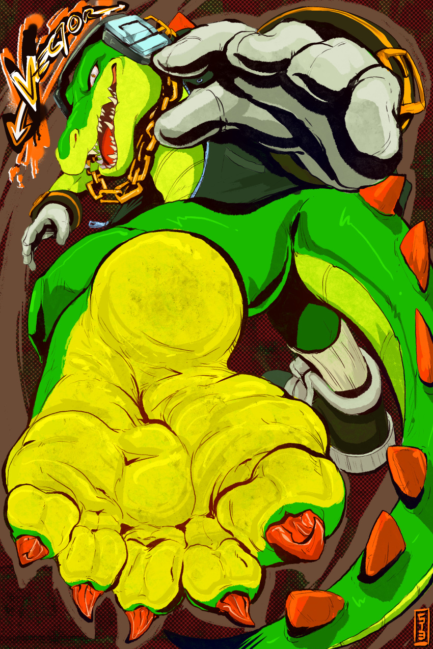 2021 2:3 5_fingers 5_toes abstract_background absurd_res anthro barefoot big_feet black_clothing black_jacket black_topwear bottomless bottomless_male character_name clothed clothing crocodile crocodilian crocodylid digital_media_(artwork) dirty_feet feet fingers foot_focus gloves handwear headphones hi_res huge_feet humanoid_feet humanoid_hands jacket looking_at_viewer looking_back looking_back_at_viewer male neck_chain on_one_leg one_shoe_on open_mouth pinkgirlpen plantigrade reptile scalie sega sharp_teeth signature solo sonic_the_hedgehog_(series) standing teeth toes topwear vector_the_crocodile wide_feet yellow_soles