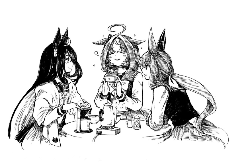 3girls admire_vega_(umamusume) ahoge animal_ears blush bow bowtie closed_eyes closed_mouth coffee_maker_(object) cup earrings ears_down greyscale highres horse_ears horse_girl horse_tail jacket jewelry long_hair long_sleeves looking_at_another low_twintails mame_nabe_donko manhattan_cafe_(umamusume) medium_hair meisho_doto_(umamusume) monochrome multiple_girls pleated_skirt sailor_collar school_uniform single_earring skirt smile table tail teacup teapot tracen_school_uniform traditional_media twintails umamusume