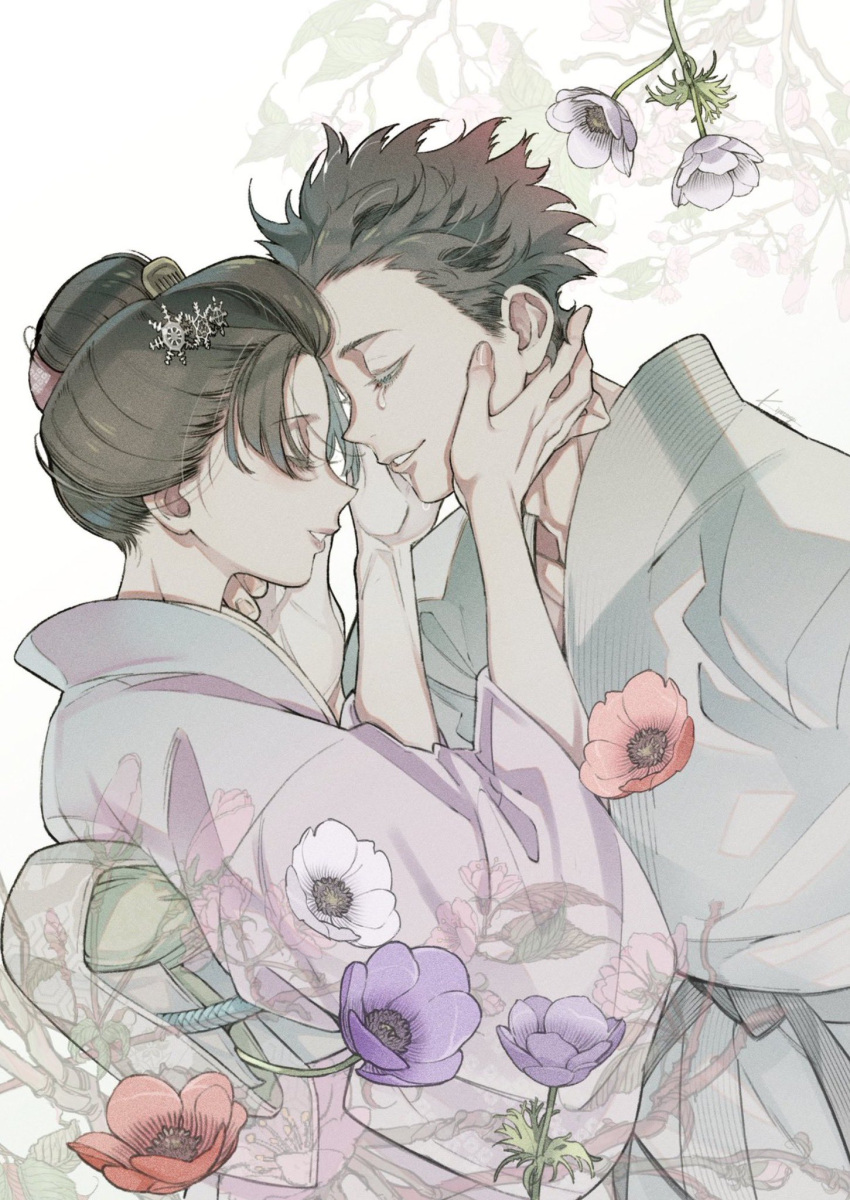 1boy 1girl anemone_(flower) black_hair closed_eyes comb crying dougi eyelashes facing_another floral_print flower from_side hair_ornament hakuji_(kimetsu_no_yaiba) half-closed_eyes hand_on_another's_cheek hand_on_another's_face hand_up hands_on_another's_cheeks hands_on_another's_face hands_up happy highres japanese_clothes kimetsu_gakuen kimetsu_no_yaiba kimono kiyono_(_kiyotsugu) koyuki_(kimetsu_no_yaiba) obi profile purple_flower purple_kimono red_flower sash short_hair smile snowflake_hair_ornament spiked_hair updo upper_body white_flower