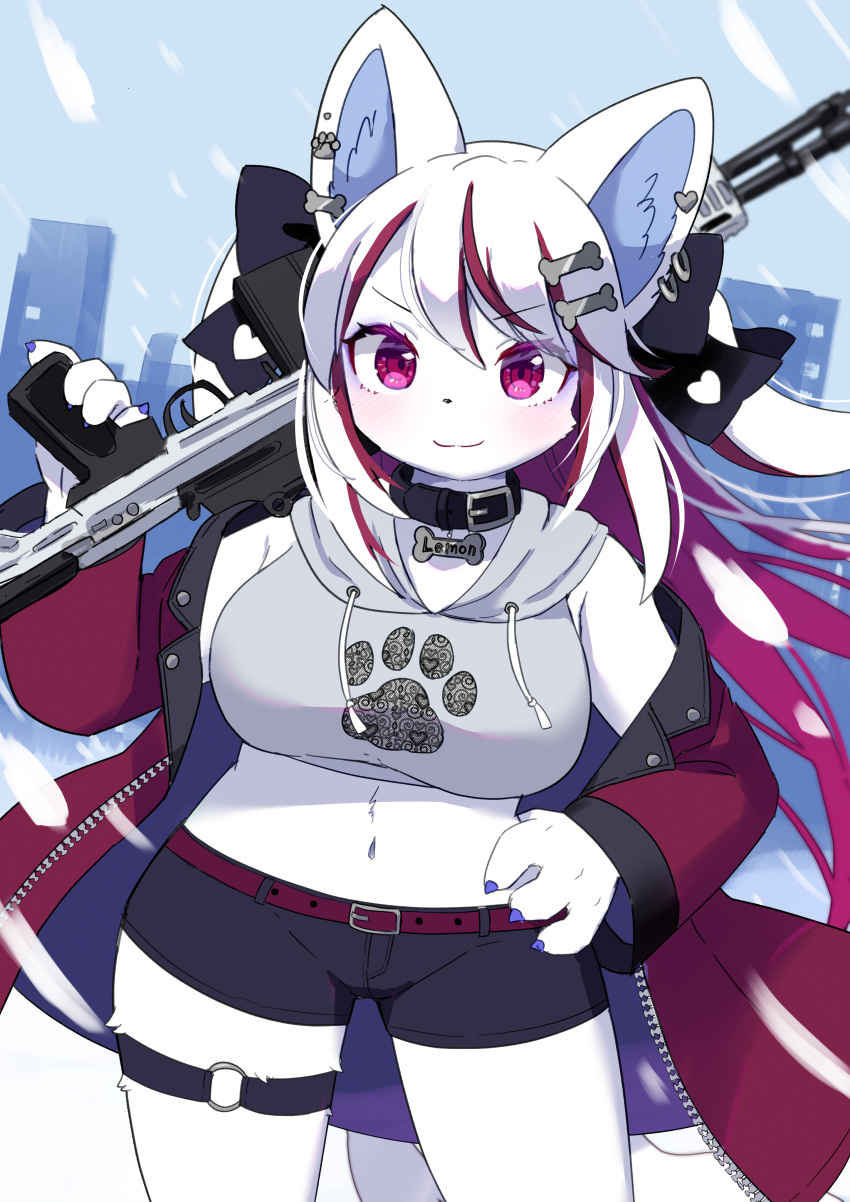 absurd_res accessory airsoft_gun anthro belt big_breasts bottomwear bovid breasts canid canine canis caprine city cityscape clothed clothing coat collar ear_piercing female footprint fur garter gun hair hand_on_hip hi_res holding_gun holding_object holding_weapon hoodie hybrid kemono kemoribbon long_hair mammal midriff multicolored_hair name_tag off_shoulder open_clothing open_coat open_topwear outside paisley_pattern pawprint pawprint_marking paws piercing raised_finger raised_pinky ranged_weapon red_eyes red_hair rifle sheep shorts smile snow solo topwear two_tone_hair virtual_youtuber weapon white_body white_fur white_hair wolf yoro_lemon zipper