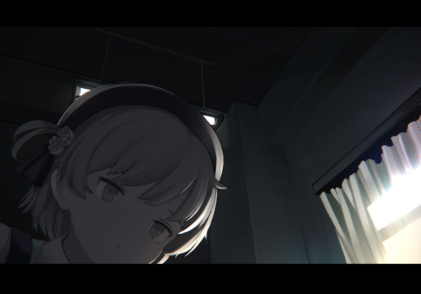 1girl bangs beret black_ribbon brown_eyes ceiling ceiling_light closed_mouth collared_shirt comiket_95 curtains flower fluorescent_lamp hair_ribbon hat hat_flower hatoba_tsugu highres letterboxed light_brown_hair light_smile looking_at_viewer mole mole_under_eye momoero portrait pov ribbon shirt short_hair sidelighting single_hair_ring solo sunlight suspenders swept_bangs tile_ceiling tiles tsugu_(vtuber) virtual_youtuber white_shirt