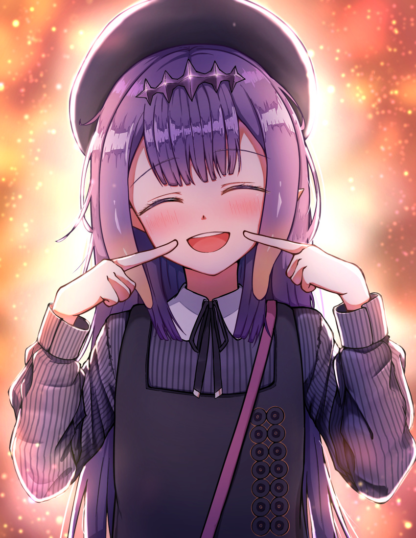 1girl :d absurdres apron bangs beret blunt_bangs blush closed_eyes collared_shirt dfd finger_to_cheek flat_cap flat_chest gradient_hair hat highres hololive hololive_english long_hair long_sleeves mole mole_under_eye multicolored_hair ninomae_ina'nis open_mouth orange_background orange_hair pointy_ears purple_hair shirt sidelocks smile solo teeth tentacle_hair tentacles upper_teeth_only very_long_hair virtual_youtuber