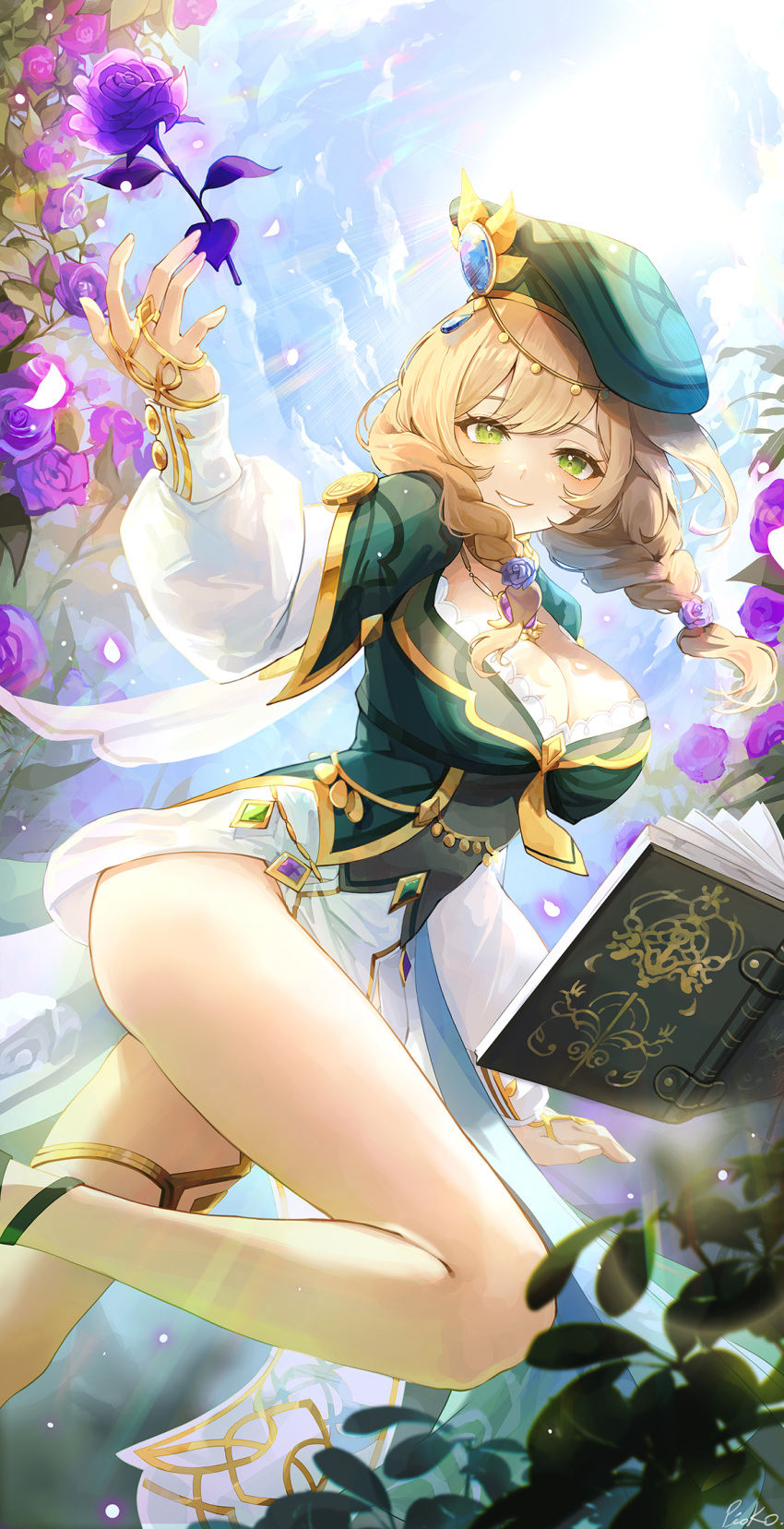 1girl bangs bare_legs blue_gemstone blue_sky book braid breasts brown_hair cleavage cloud feet_out_of_frame flower gem genshin_impact gold_trim green_eyes green_gemstone green_headwear grin hair_flower hair_ornament hair_over_shoulder hand_up hat highres jewelry large_breasts leaf light_rays lisa_(a_sobriquet_under_shade)_(genshin_impact) lisa_(genshin_impact) long_sleeves looking_at_viewer necklace official_alternate_costume open_book parted_lips pistachiocream puffy_long_sleeves puffy_sleeves purple_flower purple_gemstone purple_rose rose short_braid sidelocks skirt sky smile solo thighlet thighs twin_braids white_skirt
