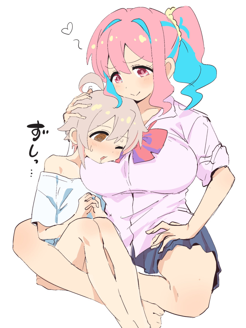 1boy 1girl @_@ absurdres age_difference aqua_hair bangs barefoot blue_skirt blush breasts closed_mouth genderswap genderswap_(ftm) grey_hair hair_between_eyes hand_on_another's_head head_on_chest highres hozuki_kaede huge_breasts long_hair multicolored_hair nipio off_shoulder one_eye_closed onee-shota onii-chan_wa_oshimai! own_hands_together oyama_mahiro oyama_mahiro_(male) parted_lips pink_hair pink_shirt ponytail saliva shirt short_sleeves simple_background sitting sketch skirt sweat white_background white_shirt