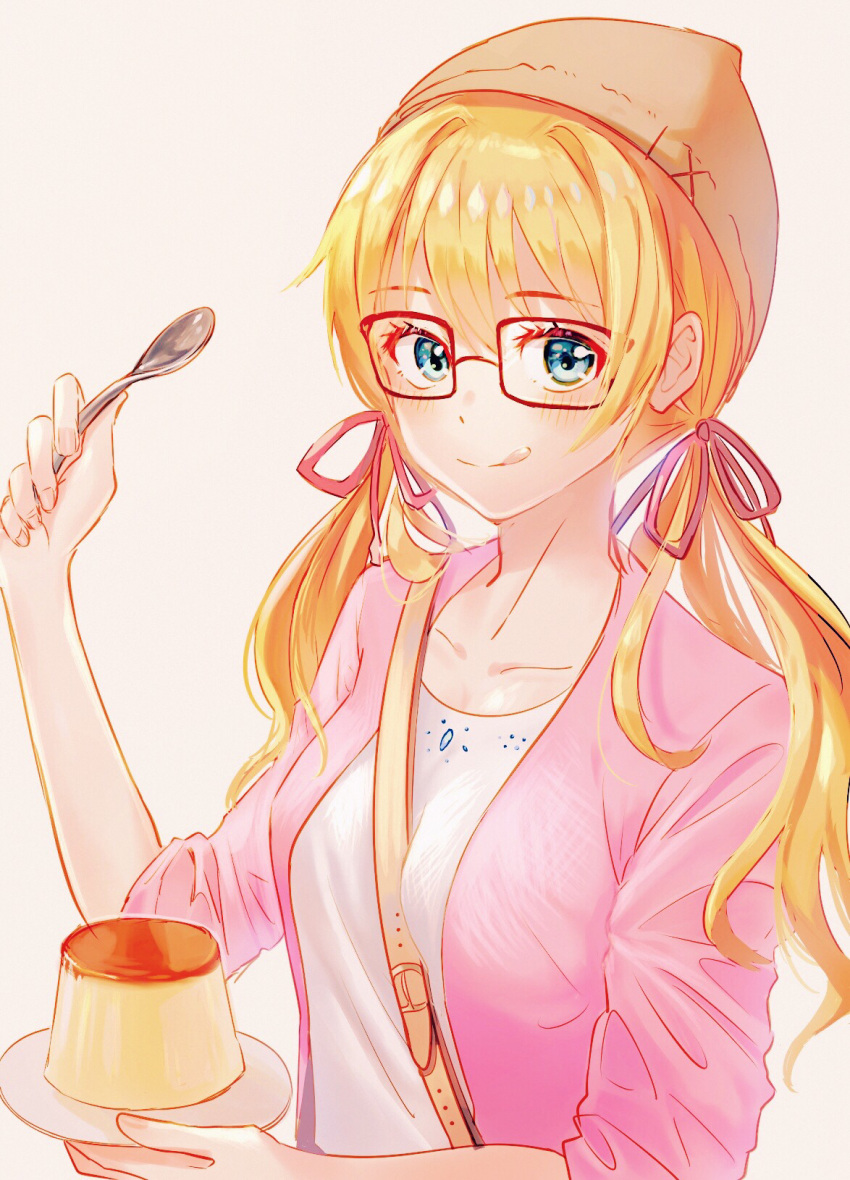 1girl blonde_hair blue_eyes brown-framed_eyewear brown_headwear caramel cardigan closed_mouth collarbone commentary creme_caramel food glasses hair_between_eyes hair_ribbon highres holding holding_plate holding_spoon licking_lips looking_at_viewer low_twintails original pink_cardigan pink_ribbon plate pudding ribbon shirt simple_background sleeves_past_elbows smile solo spoon strap t-shirt tongue tongue_out twintails uni_sirasu upper_body wavy_hair white_background white_shirt