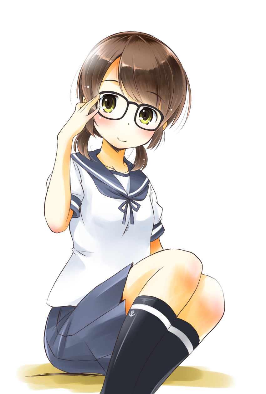1girl bangs bespectacled blue_sailor_collar blue_skirt brown_eyes brown_hair dress glasses highres kantai_collection looking_at_viewer low_twintails neckerchief parted_bangs pleated_dress pleated_skirt sailor_collar school_uniform serafuku shirayuki_(kancolle) short_twintails skirt solo taisinkoku twintails