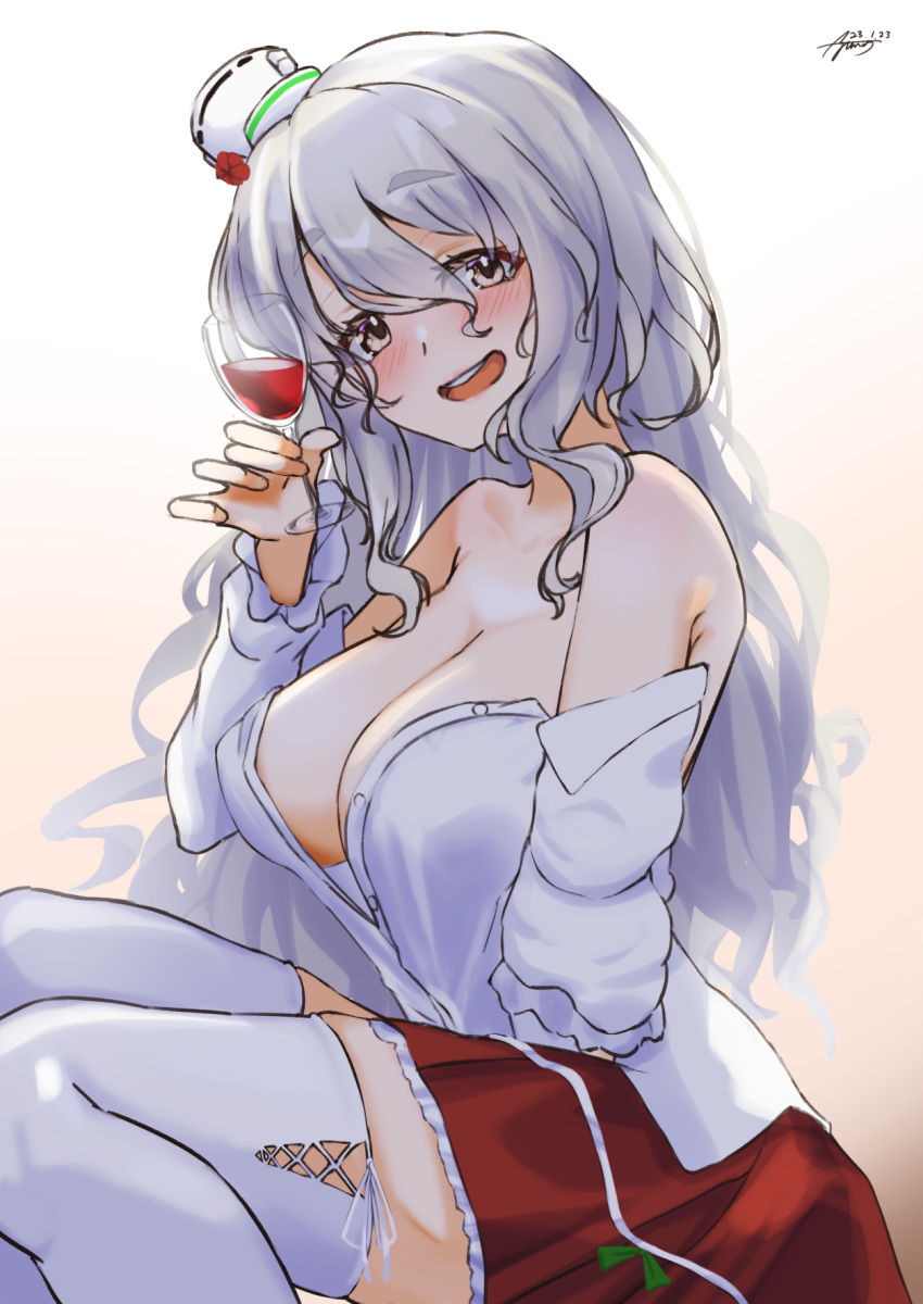 1girl ayuman breasts brown_eyes cleavage collared_shirt cup dress_shirt drinking_glass grey_hair hat highres kantai_collection large_breasts mini_hat open_mouth pola_(kancolle) red_skirt shirt sitting skirt smile solo teeth thick_eyebrows thighhighs tilted_headwear upper_teeth_only wavy_hair white_shirt white_thighhighs wine_glass