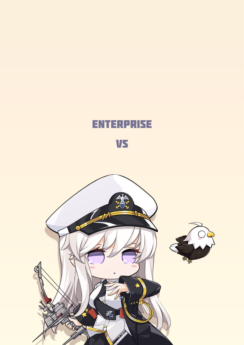 absurdres azur_lane bald_eagle bird black_coat black_necktie black_skirt bow_(weapon) chibi coat collared_shirt eagle enterprise_(azur_lane) hat highres long_hair military_hat necktie no_pupils open_clothes open_coat peaked_cap purple_eyes rabe26k shirt skirt sleeveless sleeveless_shirt underbust weapon white_hair white_headwear white_shirt yellow_background