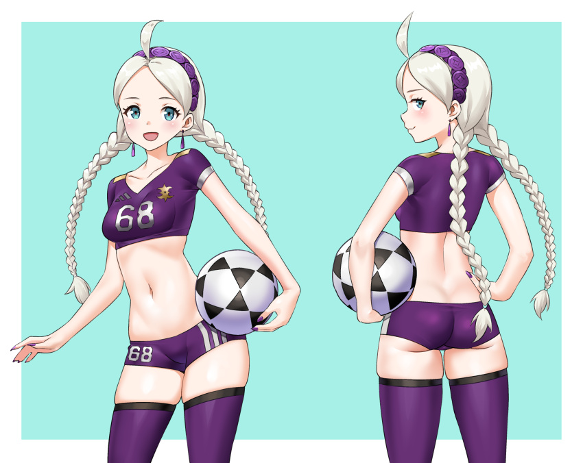 1girl absurdres adidas alternate_costume ass back_turned ball blue_eyes braid breasts buttons crop_top crystal_earrings earrings fire_emblem fire_emblem_fates highres holding holding_ball igni_tion jewelry low_twin_braids md5_mismatch medium_breasts navel nina_(fire_emblem) purple_nails purple_shirt purple_shorts resolution_mismatch shirt short_shorts shorts soccer_ball soccer_uniform solo source_smaller sportswear thighhighs twin_braids white_hair