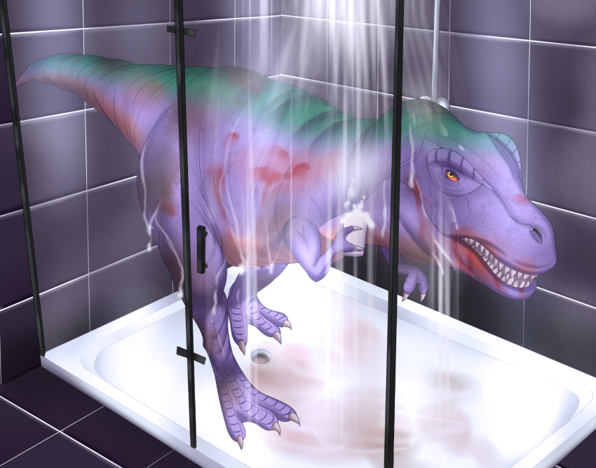 bathing bathroom beast_mode blood bodily_fluids dinosaur dripping_wet feral hasbro hi_res looking_at_viewer male megatron_(beast_wars) morrrisey(artist) mud reptile scalie shower showering soap solo takara_tomy theropod transformers transformers:_beast_wars tyrannosaurid tyrannosaurus tyrannosaurus_rex