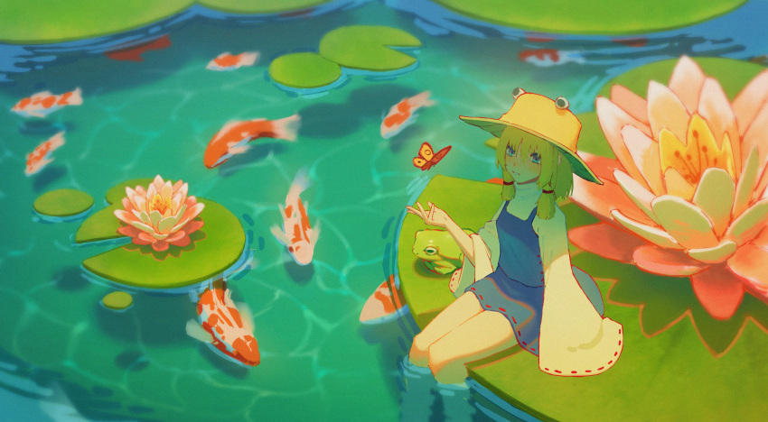 1girl absurdres blonde_hair blue_eyes blue_skirt blue_vest blush bug butterfly commentary feet_out_of_frame fish flower frog hair_between_eyes hair_ribbon hat highres koi lily_pad long_sleeves looking_at_animal medium_hair moriya_suwako orange_butterfly parted_lips pink_flower procy_ocy red_ribbon ribbon ribbon-trimmed_skirt ribbon-trimmed_sleeves ribbon_trim skirt skirt_set solo touhou vest water_lily_flower wide_sleeves yellow_headwear