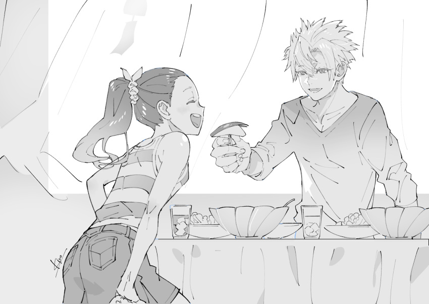 1boy 1girl ^_^ alternate_universe apple_bunny bare_arms bare_shoulders bowl brother_and_sister closed_eyes contemporary cup curtains drink drinking_glass feeding food food_art fruit greyscale hair_ornament hair_scrunchie happy highres holding holding_food holding_fruit ice ice_cube kimetsu_no_yaiba kiyono_(_kiyotsugu) long_hair long_sleeves looking_at_another monochrome open_mouth plate ponytail scar scar_on_face scar_on_nose scrunchie shinazugawa_sanemi shinazugawa_sumi short_hair shorts siblings signature sketch sleeveless smile table tablecloth v-neck wind