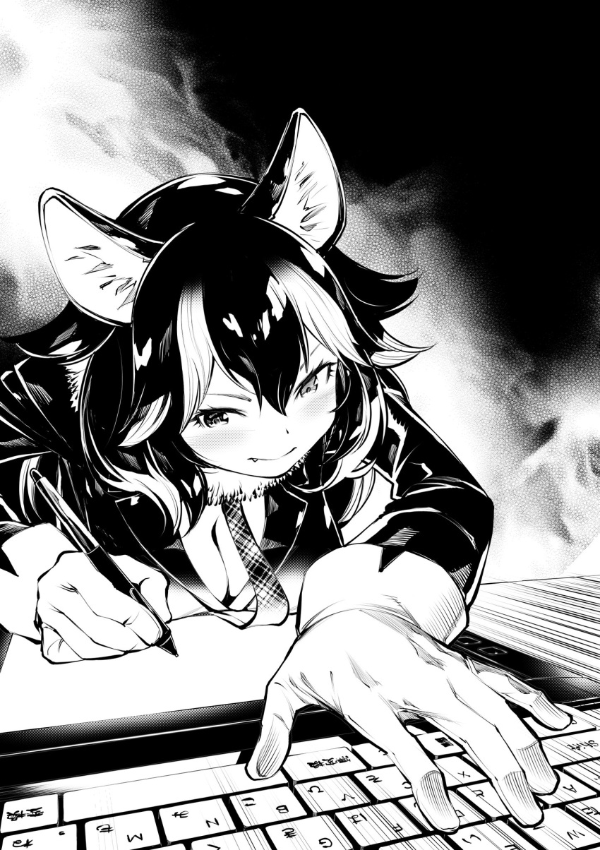 1girl animal_ears bangs bent_over breast_rest breasts cleavage closed_mouth drawing_tablet fang fang_out foreshortening fukushima_masayasu fur_collar gloves grey_wolf_(kemono_friends) greyscale hair_between_eyes highres holding holding_stylus jacket kemono_friends keyboard_(computer) long_hair long_sleeves looking_at_object looking_down medium_breasts monochrome necktie parted_bangs serious solo stylus v-shaped_eyebrows wolf_ears