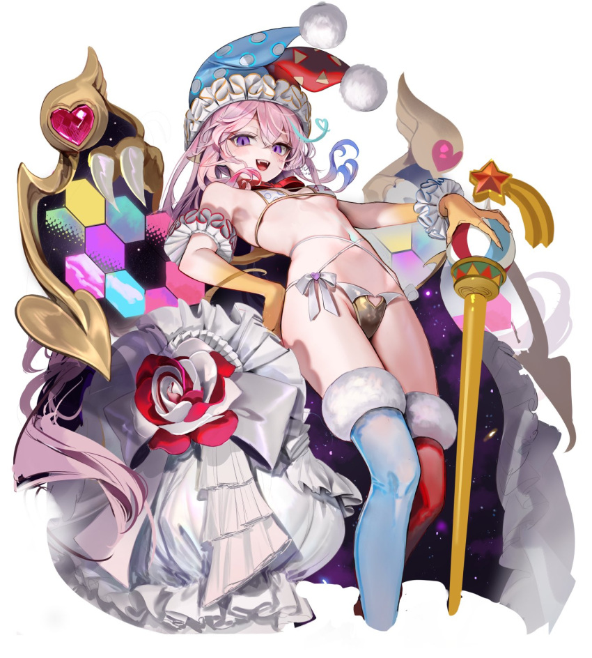 1girl arm_cuffs asymmetrical_legwear bikini bow breasts cane cape clothing_cutout commentary_request cropped_legs fangs flower frills fur_trim gem geometric_pattern groin hair_between_eyes hand_on_hip hat heart heart_cutout highres hip_bones jester_cap kirby_(series) long_hair looking_at_viewer marx_(kirby) mi_(mm) mismatched_legwear multicolored_hair navel open_mouth personification pink_hair purple_eyes red_gemstone slit_pupils small_breasts solo space_print star_(sky) star_(symbol) starry_sky_print swimsuit thighhighs very_long_hair white_background