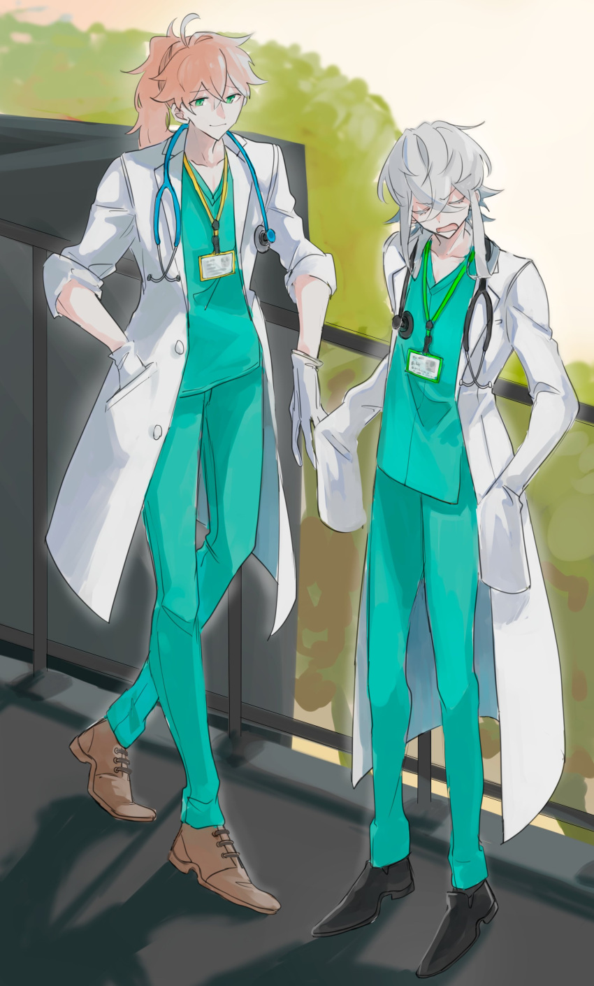 2boys absurdres ahoge alternate_costume asclepius_(fate) bangs black_footwear brown_footwear closed_eyes commentary crossed_bangs doctor fate/grand_order fate_(series) full_body gloves green_eyes green_pants green_shirt grey_hair hair_between_eyes hand_in_pocket highres id_card labcoat long_hair looking_at_another male_focus multiple_boys open_mouth orange_hair oxfords pants ponytail railing romani_archaman shadow shirt shoes short_hair_with_long_locks sleeves_past_fingers sleeves_past_wrists smile standing stethoscope symbol-only_commentary tree v-neck v-shaped_eyebrows white_gloves yousai_shirokuma