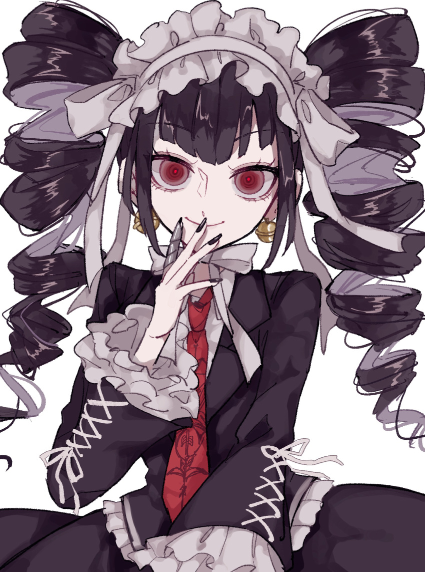 1girl bangs black_hair black_jacket black_nails black_skirt celestia_ludenberg closed_mouth danganronpa:_trigger_happy_havoc danganronpa_(series) drill_hair earrings frilled_jacket frills gothic_lolita grey_background hand_up highres jacket jewelry lolita_fashion long_hair looking_at_viewer nail_polish necktie print_necktie red_eyes red_necktie simple_background skirt smile solo twin_drills twintails yumaaaaa0125 yumachansan
