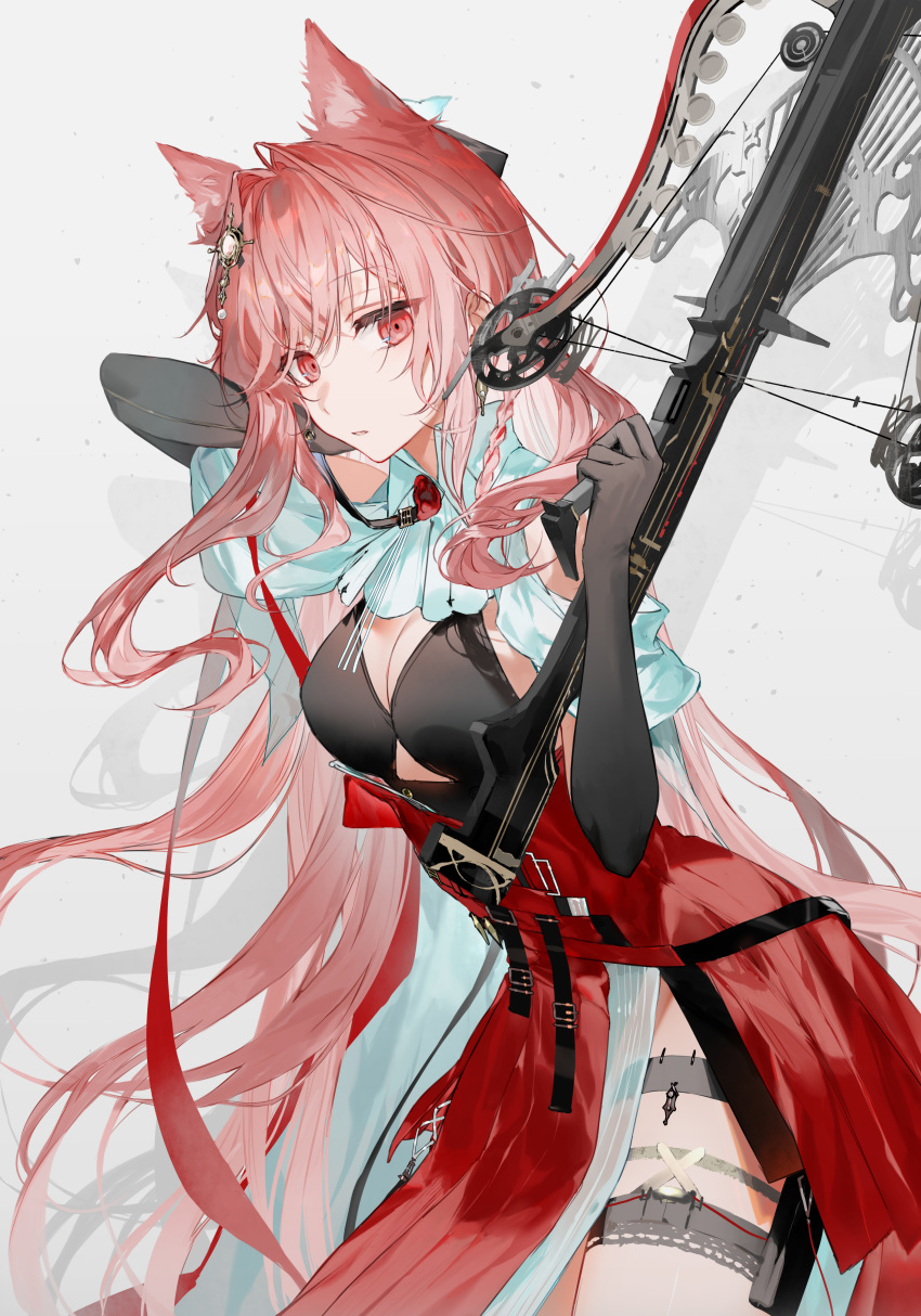 1girl absurdres animal_ear_fluff animal_ears arknights arm_up bangs bikini bikini_top_only black_bikini black_gloves breasts cape cleavage cowboy_shot crossbow elbow_gloves gloves grey_background hair_intakes high-waist_skirt highres holding holding_crossbow holding_weapon leaning_forward long_hair looking_at_viewer medium_breasts parted_lips pink_hair pozyomka_(arknights) red_eyes red_skirt s2rid simple_background skirt solo swimsuit thigh_strap very_long_hair weapon white_cape wolf_ears