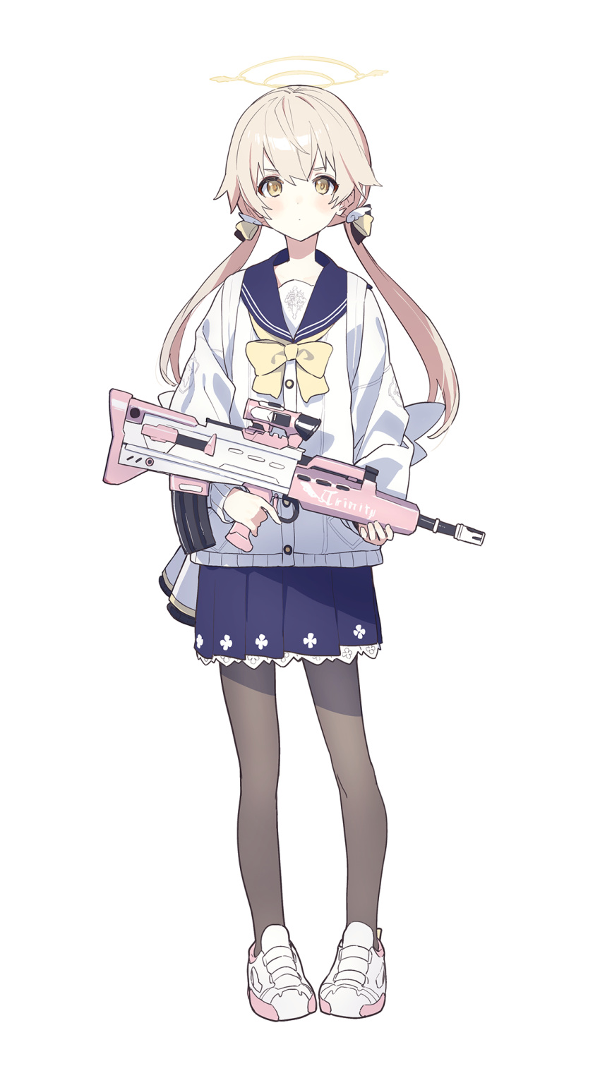 1girl assault_rifle black_pantyhose blonde_hair blue_archive blue_skirt blush bow bowtie bullpup enfield_sa-80 gun hair_ornament halo hifumi_(blue_archive) highres holding holding_gun holding_weapon l85 long_sleeves looking_at_viewer low_twintails pantyhose rifle sawayaka_samehada shirt shoes simple_background skirt solo standing twintails weapon white_background white_footwear white_shirt yellow_bow yellow_bowtie yellow_eyes