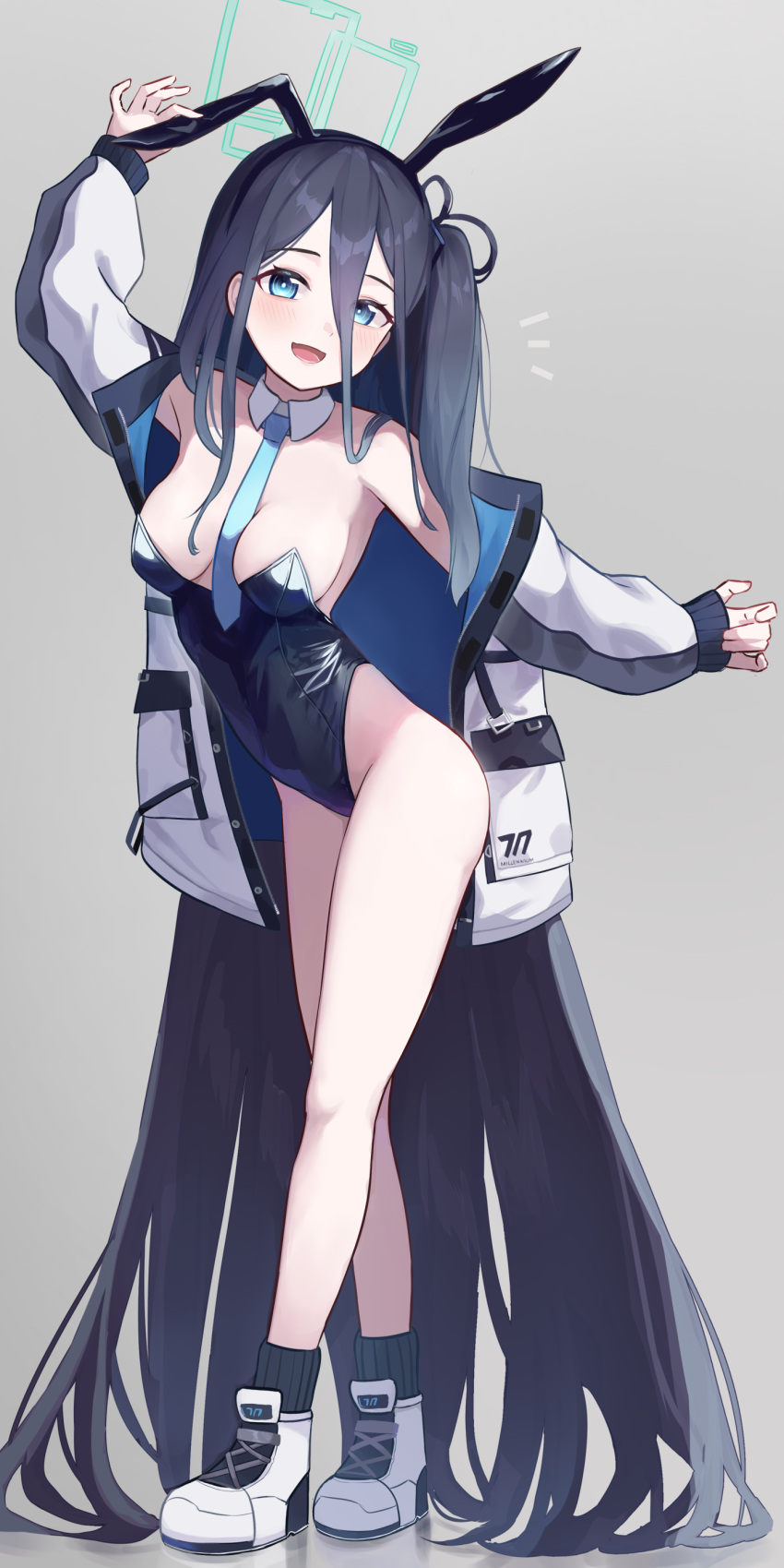 1girl :d ^^^ absurdly_long_hair absurdres animal_ears ankle_boots aris_(blue_archive) arm_up bare_legs bare_shoulders between_breasts black_hair black_leotard blue_archive blue_necktie blush boots breasts cleavage detached_collar fake_animal_ears full_body grey_background halo highres jacket leotard long_hair long_sleeves looking_at_viewer medium_breasts necktie necktie_between_breasts off_shoulder one_side_up open_clothes open_jacket open_mouth playboy_bunny rabbit_ears shou_ienaga simple_background smile solo standing strapless strapless_leotard very_long_hair white_footwear white_jacket