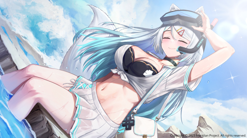 1girl animal_ears arm_up bag bikini bikini_under_clothes black_bikini black_choker blue_hair breasts choker cleavage closed_mouth collared_shirt crop_top day dutch_angle facing_viewer fox_ears fox_girl fox_tail front-tie_top goggles gradient_hair highres large_breasts long_hair meridian_project midriff miniskirt mizuki_(vtuber) multicolored_hair navel oukafafafa outdoors pleated_skirt shirt short_sleeves shoulder_bag sitting skirt smile snorkel soaking_feet solo stomach swimsuit tail thighs virtual_youtuber water wet wet_clothes wet_shirt white_hair white_shirt white_skirt