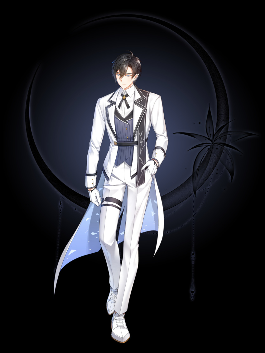 1boy belt black_background black_flower black_hair black_sash blue_eyes chulsoo_kim_(closers) closers crescent cross_tie ear_ornament expressionless flower full_body gloves hair_between_eyes hand_in_pocket highres jacket long_jacket long_sleeves official_art oxfords pants purple_vest sash shirt shoulder_sash solo standing striped striped_vest tachi-e thigh_belt thigh_strap vertical-striped_vest vertical_stripes vest white_gloves white_jacket white_pants white_shirt