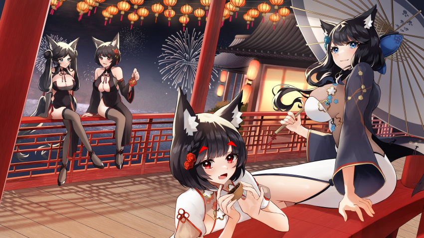 4girls absurdly_long_hair absurdres aerial_fireworks alternate_costume animal_ears architecture azur_lane bare_shoulders black_dress blue_eyes blue_flower breasts cat_ears cat_girl center_opening china_dress chinese_clothes cleavage crossed_legs detached_sleeves double_bun dress east_asian_architecture fang fireworks flower from_side full_body fusou_(azur_lane) fusou_(meta)_(azur_lane) fusou_(the_celebration_of_spring)_(azur_lane) grey_thighhighs hair_bun hair_flower hair_ornament highres holding holding_umbrella lantern large_breasts long_hair long_sleeves looking_at_viewer multiple_girls official_alternate_costume oil-paper_umbrella open_mouth outdoors paper_lantern paw_print pelvic_curtain purple_dress red_eyes short_hair short_sleeves sitting_on_railing skin_fang sleeves_past_elbows talking thighhighs twintails two-tone_dress umbrella very_long_hair white_dress yamaha_tsui yamashiro_(azur_lane) yamashiro_(meta)_(azur_lane)