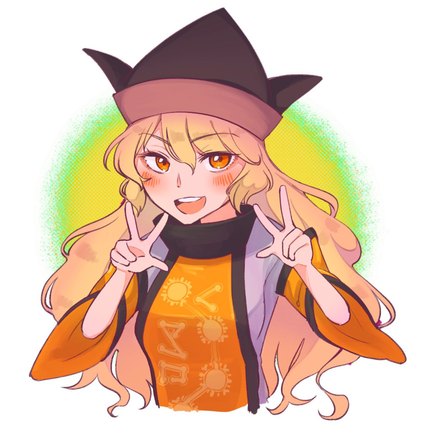 1girl black_headwear blonde_hair blush constellation_print double_v hat highres long_hair matara_okina open_mouth orange_sleeves satsuki_mei_(17maymay14) smile solo tabard teeth touhou upper_body upper_teeth_only v wide_sleeves yellow_eyes