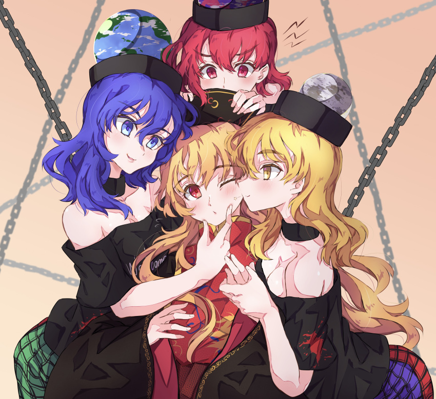 4girls absurdres bangs bare_shoulders black_choker black_dress black_shirt blonde_hair blue_eyes blue_hair breasts chain chinese_clothes choker cleavage closed_mouth collarbone crescent dress earth_(ornament) hair_between_eyes hand_on_another's_head hecatia_lapislazuli hecatia_lapislazuli_(earth) hecatia_lapislazuli_(moon) highres holding_hands junko_(touhou) long_hair long_sleeves looking_at_another medium_breasts medium_hair moon_(ornament) multicolored_clothes multicolored_skirt multiple_girls neold off-shoulder_shirt off_shoulder one_eye_closed phoenix_crown plaid plaid_skirt polos_crown red_eyes red_hair red_tabard shirt short_sleeves skirt smile t-shirt tabard touhou underworld_(ornament) wide_sleeves yellow_eyes yuri
