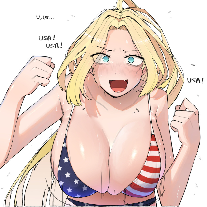 1girl american_flag american_flag_print bangs bare_arms bare_shoulders bikini blonde_hair blue_eyes blush bouncing_breasts breasts cleavage collarbone commentary english_text flag_print large_breasts long_hair ohasi open_mouth original parted_bangs raised_fist shiny_skin solo striped_bodysuit sweat swimsuit symbol-only_commentary upper_body