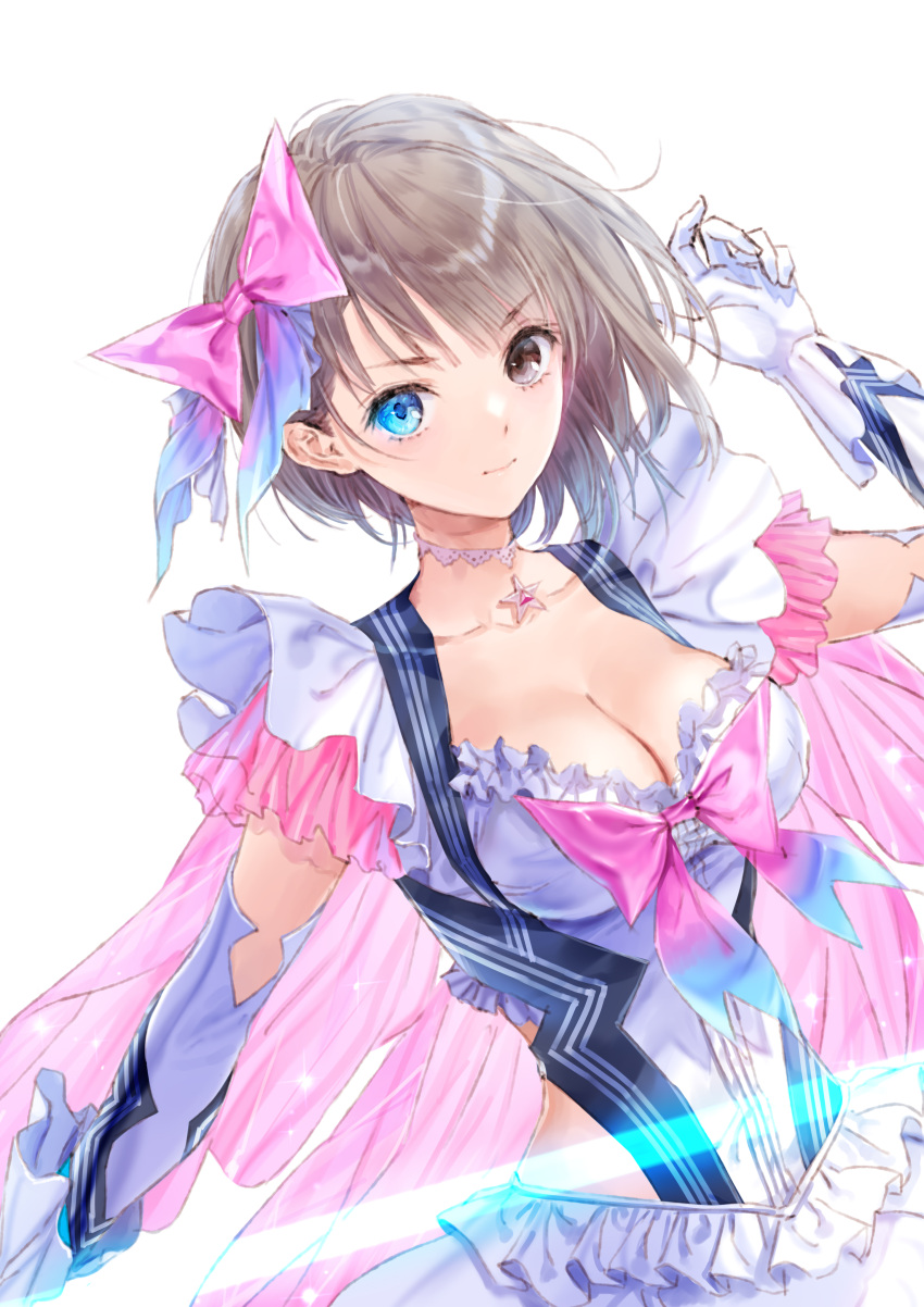 1girl absurdres blue_eyes blue_reflection bow bowtie breasts brown_hair choker cleavage collarbone frills gloves glowing glowing_weapon hair_bow heterochromia highres kishida_mel looking_at_viewer magical_girl medium_breasts shirai_hinako short_hair star_(symbol) star_choker weapon white_background white_gloves