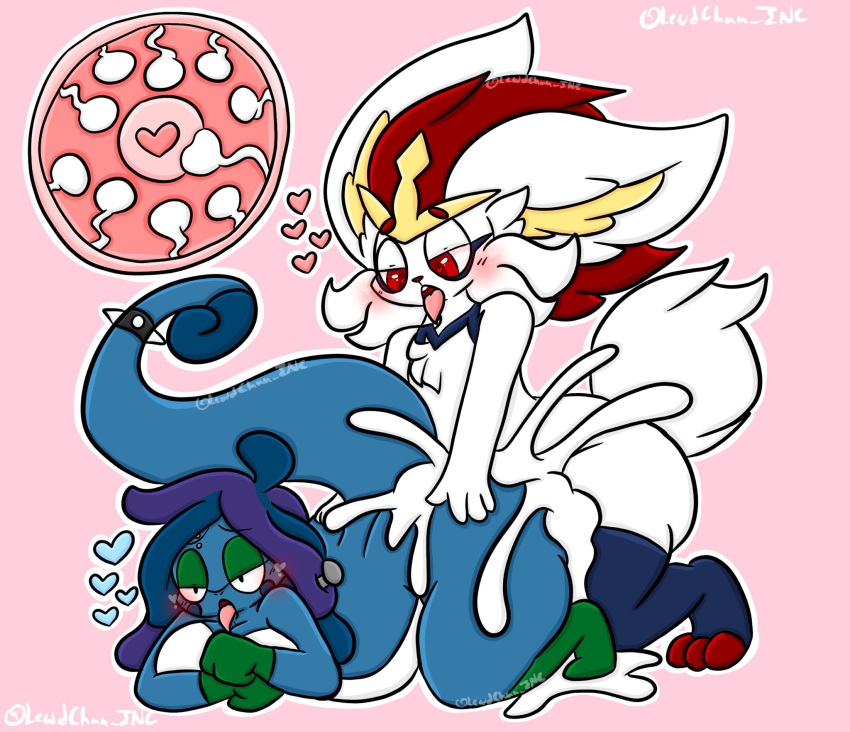 &lt;3 anthro blue_body blue_hair blush bodily_fluids breasts cinderace cum cum_inside drizzile duo female generation_8_pokemon genital_fluids hair hi_res impregnation lewdchuu_(artist) male male/female nintendo ovum ovum_with_heart pokemon pokemon_(species) red_eyes red_hair sex sperm_cell tongue tongue_out white_body