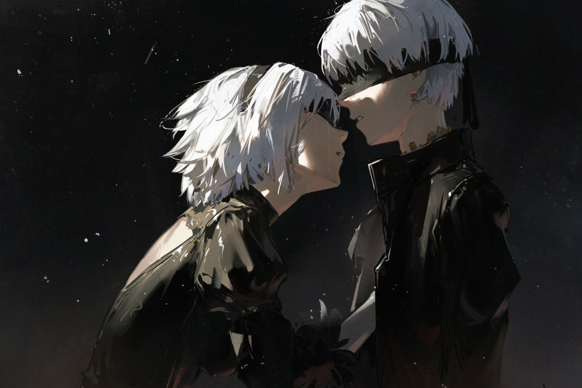 1boy 1girl back_cutout black_background black_blindfold black_coat black_hairband blindfold clothing_cutout coat covered_eyes crying dino_(dinoartforame) feather-trimmed_sleeves feather_trim from_side gloves grey_hair hairband hand_on_another's_chest highres juliet_sleeves long_sleeves nier_(series) nier_automata puffy_sleeves streaming_tears tears yorha_no._2_type_b yorha_no._9_type_s