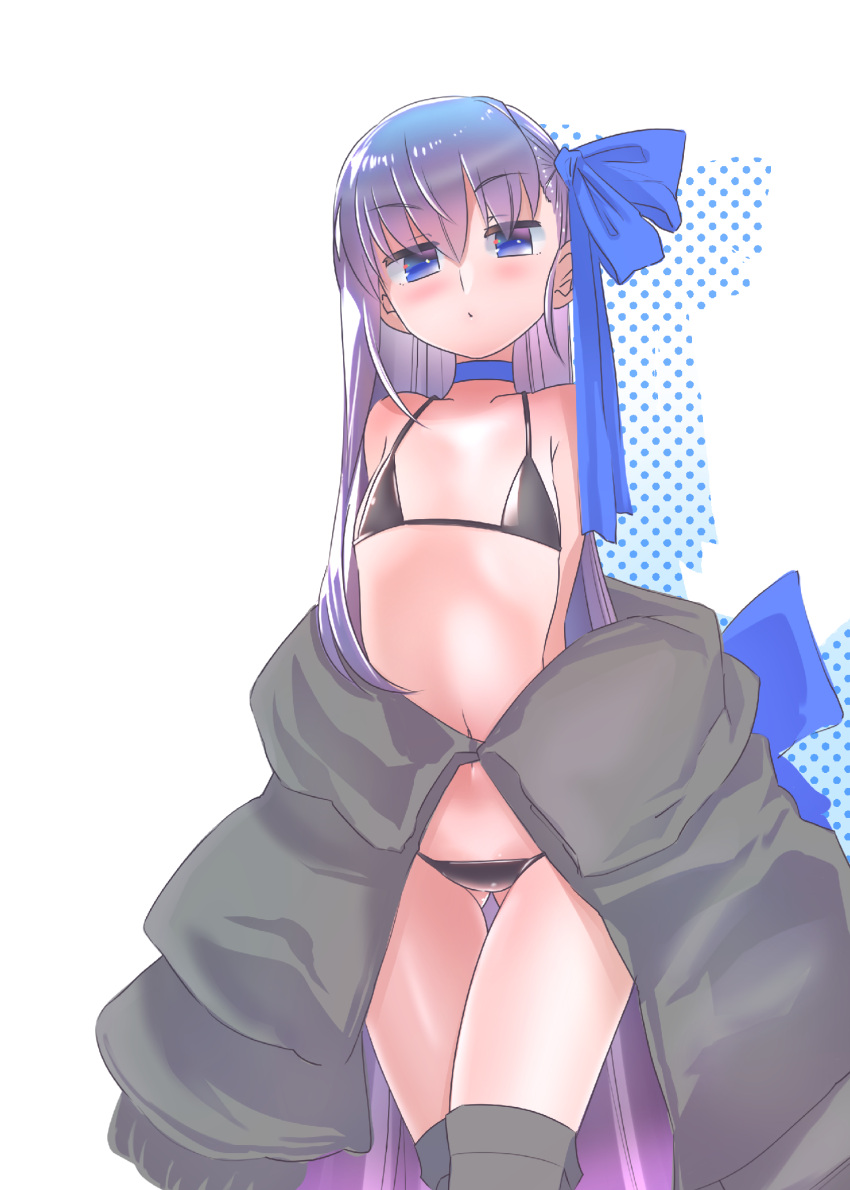 1girl ass_visible_through_thighs bangs bikini black_bikini blue_eyes blue_ribbon blush choker fate/grand_order fate_(series) flat_chest hair_ribbon highres jacket long_hair looking_at_viewer meltryllis_(fate) meltryllis_(swimsuit_lancer)_(fate) mentaiko_mamire navel off_shoulder purple_hair ribbon solo swimsuit very_long_hair