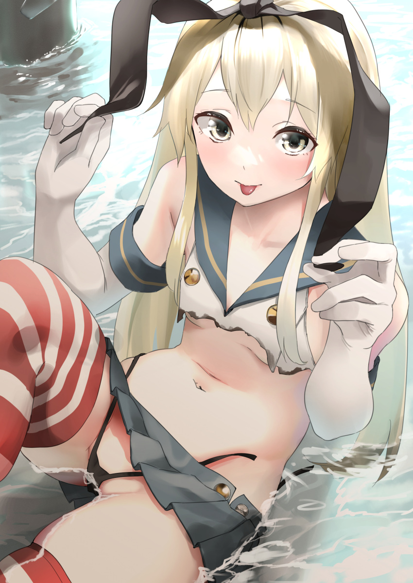 1girl absurdres bare_shoulders black_hairband black_panties blonde_hair blush breasts burnt_clothes crop_top elbow_gloves gloves grey_eyes groin hair_ornament hairband highleg highleg_panties highres holding_hairband in_water kantai_collection long_hair looking_at_viewer miniskirt navel panties sailor_collar school_uniform serafuku shimakaze_(kancolle) sitting skindentation skirt small_breasts striped striped_thighhighs tama_(tamago) thighhighs tongue tongue_out underwear white_gloves