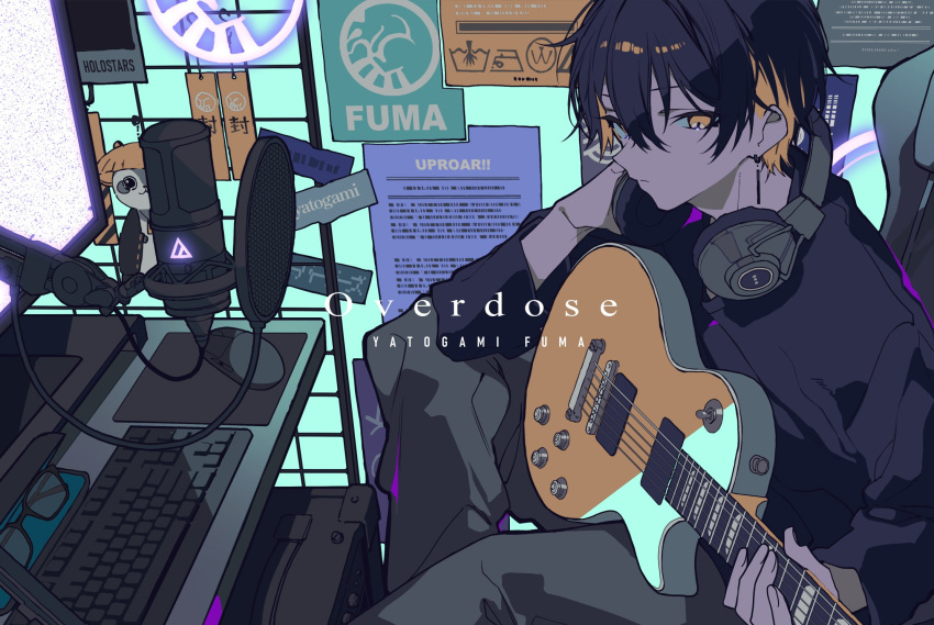 1boy black_hair black_shirt blonde_hair chair character_name closed_mouth computer earrings expressionless feet_out_of_frame gaming_chair grey_pants guitar hair_between_eyes headphones headphones_around_neck highres holding holding_instrument holostars instrument jewelry keyboard_(computer) kotatsu_(yatogami_fuma) looking_at_viewer male_focus microphone mochizuki_kei monitor mouse_(computer) multicolored_hair official_art pants pop_filter poster_(object) shirt short_hair sideways_glance sitting sleeves_past_elbows solo song_name studio_microphone table two-tone_hair virtual_youtuber yatogami_fuma yellow_eyes