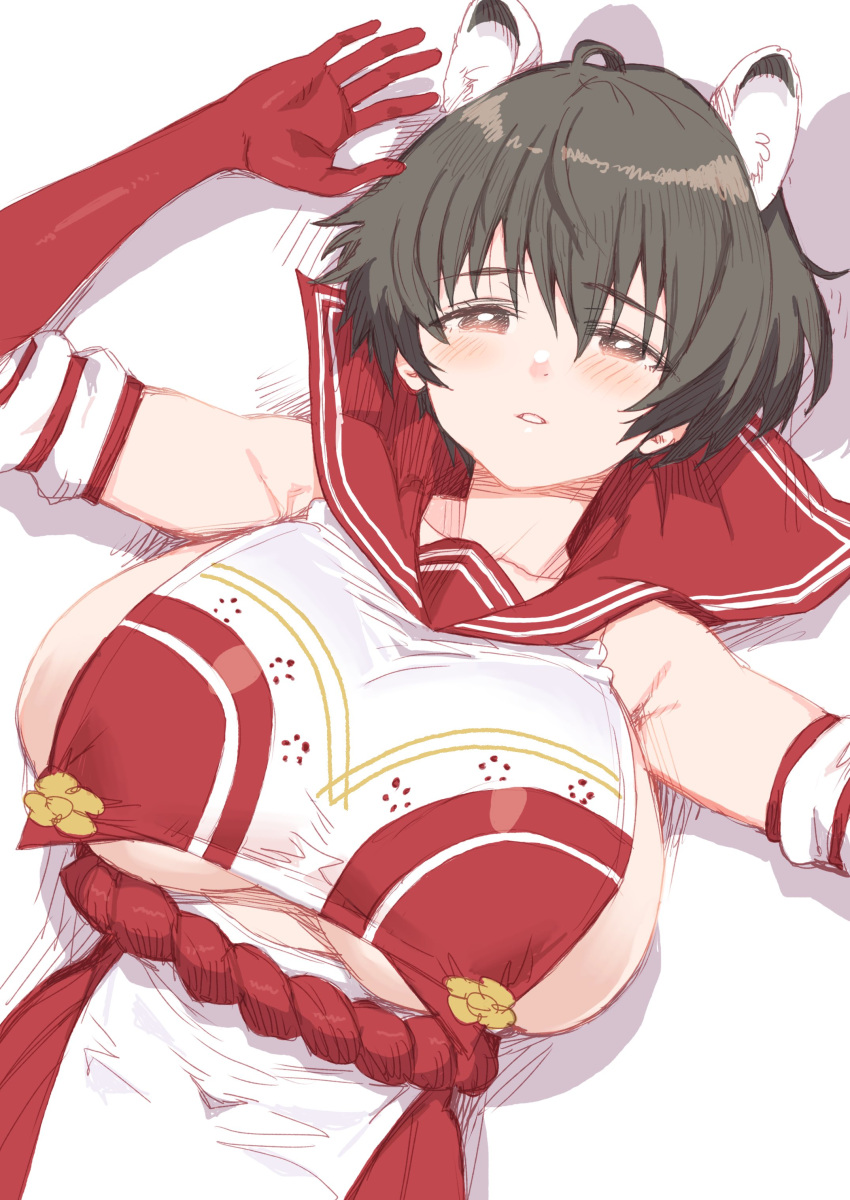 1girl absurdres animal_ears armpits bare_shoulders black_hair blue_archive blush breasts collarbone elbow_gloves gloves grey_eyes hair_between_eyes highres huge_breasts looking_at_viewer lying on_back parted_lips red_gloves red_sailor_collar red_skirt rope sailor_collar short_hair sideboob skirt solo tabard tsubaki_(blue_archive) whoosaku