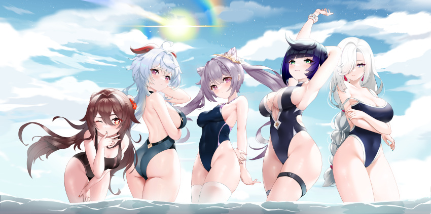 5girls absurdres armpits arms_behind_back arms_under_breasts arms_up ass backless_swimsuit bangs bare_arms bare_back bare_shoulders bead_bracelet beads black_one-piece_swimsuit blue_eyes blue_hair blue_sky bracelet breast_hold breasts brown_hair cleavage closed_mouth cloud cone_hair_bun covered_navel day double_bun floating_hair flower-shaped_pupils frown ganyu_(genshin_impact) genshin_impact hair_bun hair_over_one_eye highleg highleg_swimsuit highres hu_tao_(genshin_impact) jewelry keqing_(genshin_impact) large_breasts leaning_forward long_hair looking_at_viewer medium_breasts momoru multiple_girls nail_polish one-piece_swimsuit one_eye_closed one_eye_covered outdoors parted_lips purple_eyes purple_hair red_eyes red_nails shenhe_(genshin_impact) short_hair sidelocks sky sun swimsuit symbol-shaped_pupils thigh_strap thighs thumb_to_mouth twintails very_long_hair wading water white_hair yelan_(genshin_impact)